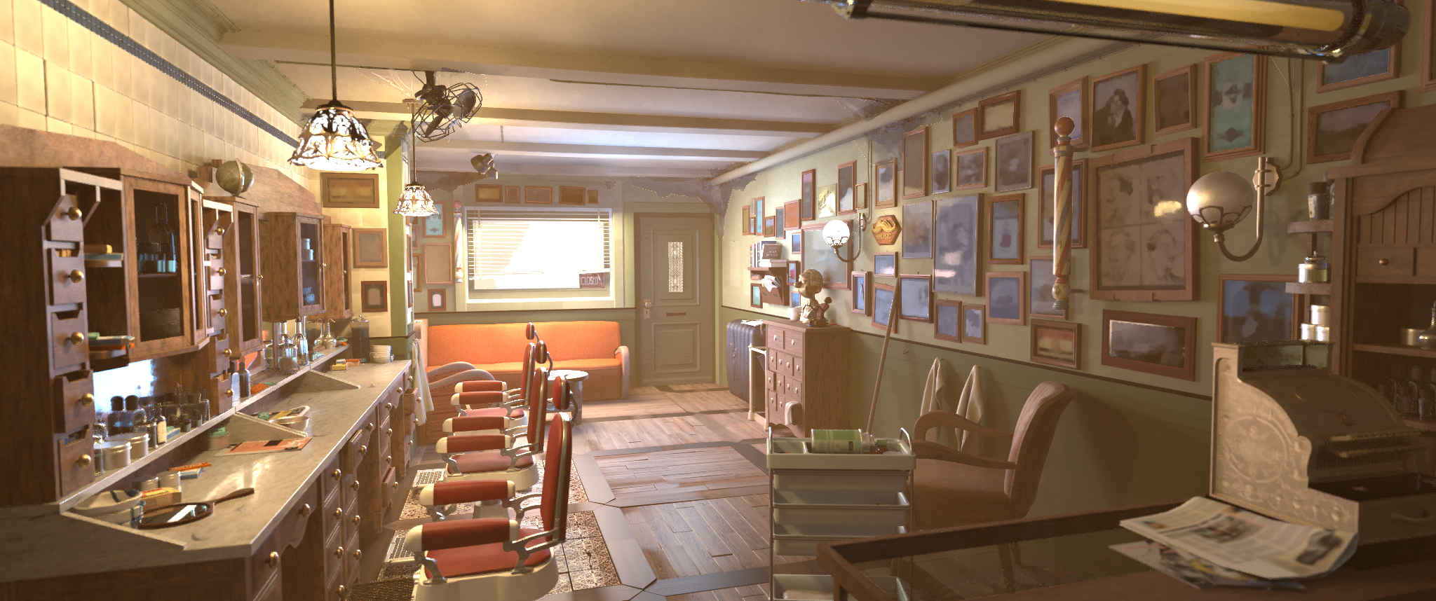 Old Barbershop scene from blender demo rendered in Hyperoche Render