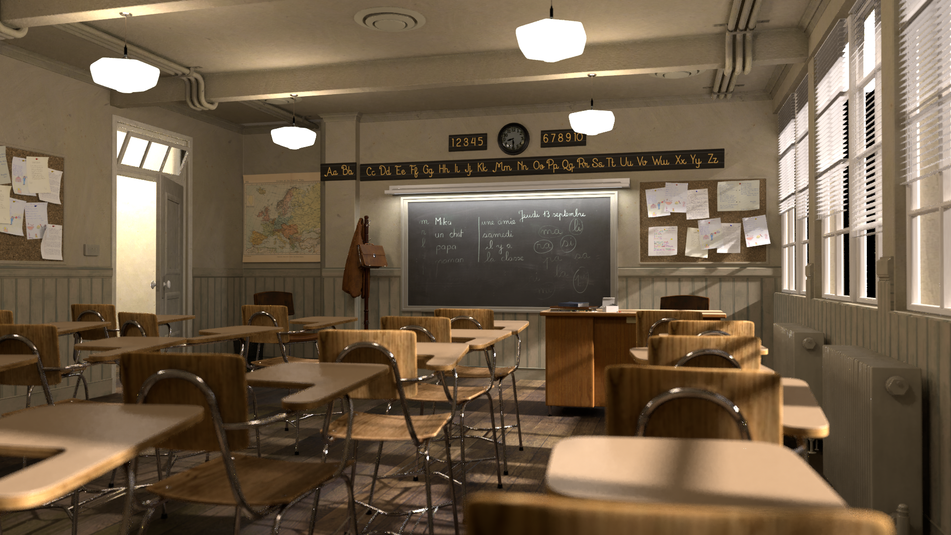 Old class room scene from blender demo rendered in Hyperoche Render